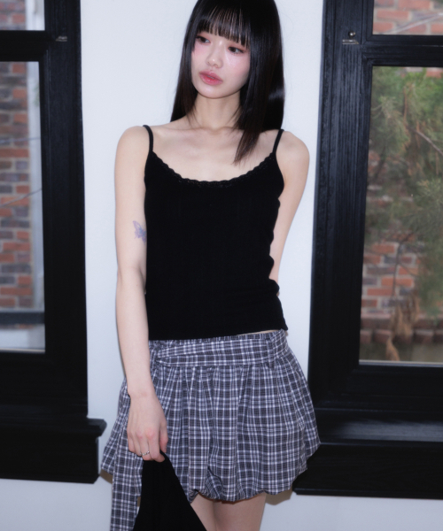 Balloon Check Belted Miniskirt [Black]