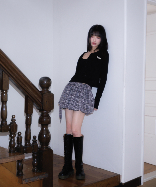Balloon Check Belted Miniskirt [Black]