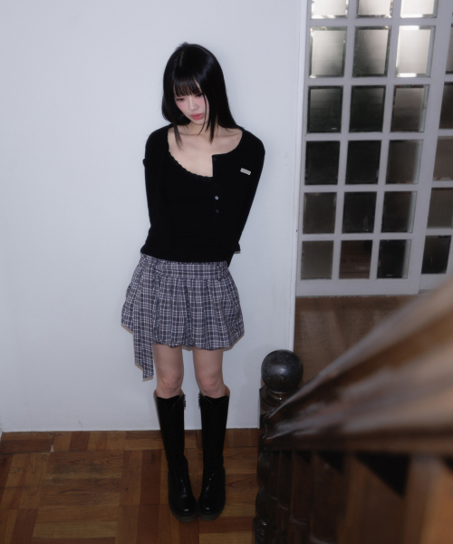 Balloon Check Belted Miniskirt [Black]