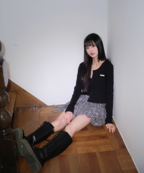 Balloon Check Belted Miniskirt [Black]