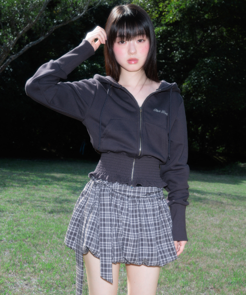 Balloon Check Belted Miniskirt [Black]