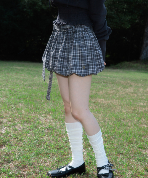 Balloon Check Belted Miniskirt [Black]