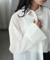 チュール重ねストライプシアーブラウス