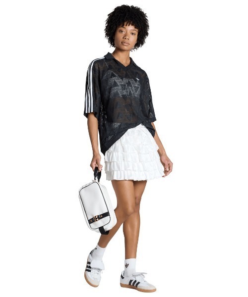 adidas(アディダス)の「adidas originals LACE RUFFLE MINI SKIRT(アディダスオリジナルス レース フリル ミニスカート)(スカート・レディース・ブラック/ホワイト系・LARGE/MEDIUM/SMALL)」の1枚目の写真