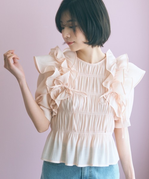 marun(マルン)の「<大きいサイズ>ギャザーフリルトップス marun(Tシャツ/カットソー・レディース・ピンク/ブラック・L/LL/3L/4L/5L)」の6枚目の写真
