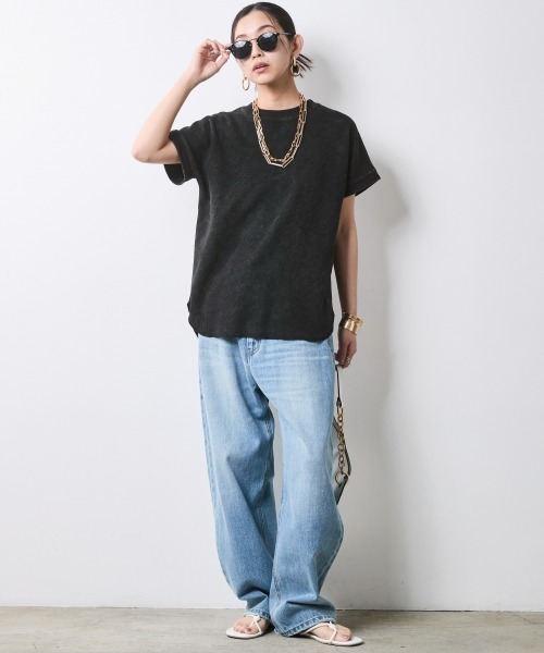 CHIC STYLE（シックスタイル）の「【セットアップ対応】ヴィンテージ加工サーマルフレンチスリーブカットソー＜大きいサイズ有＞シックスタイル（Tシャツ/カットソー・レディース・ブラウン系/スミクロ・3L/LL/L/M/5L/4L）」の13枚目の写真