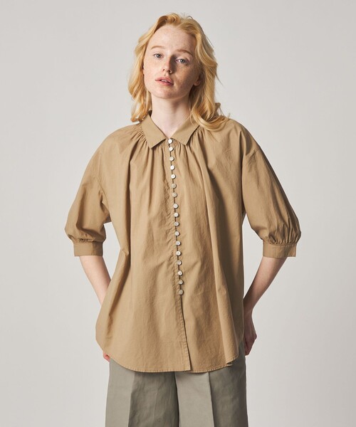 Steven Alan(スティーブンアラン)の「<Steven Alan>コットン ポプリン ギャザー ブラウス(シャツ/ブラウス・レディース・ブラック/ベージュ・FREE)」の2枚目の写真