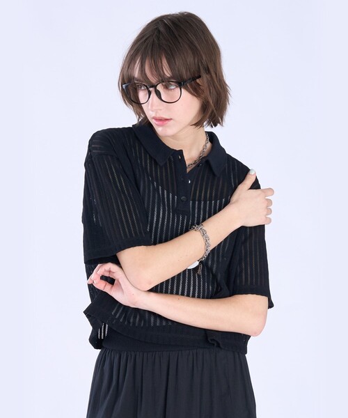 To b. by agnes b.(トゥービーバイアニエスベー)の「ラッフルメッシュ ストライプ ポロシャツ(Tシャツ/カットソー・レディース・ブラック・38/40)」の7枚目の写真