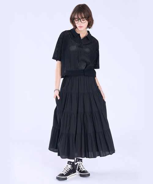 To b. by agnes b.(トゥービーバイアニエスベー)の「ラッフルメッシュ ストライプ ポロシャツ(Tシャツ/カットソー・レディース・ブラック・38/40)」の5枚目の写真