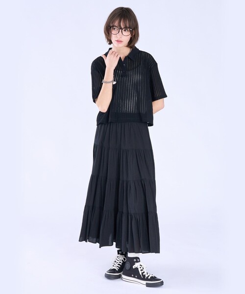 To b. by agnes b.(トゥービーバイアニエスベー)の「ラッフルメッシュ ストライプ ポロシャツ(Tシャツ/カットソー・レディース・ブラック・38/40)」の4枚目の写真