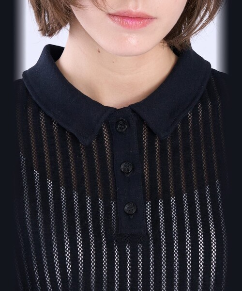 To b. by agnes b.(トゥービーバイアニエスベー)の「ラッフルメッシュ ストライプ ポロシャツ(Tシャツ/カットソー・レディース・ブラック・38/40)」の3枚目の写真