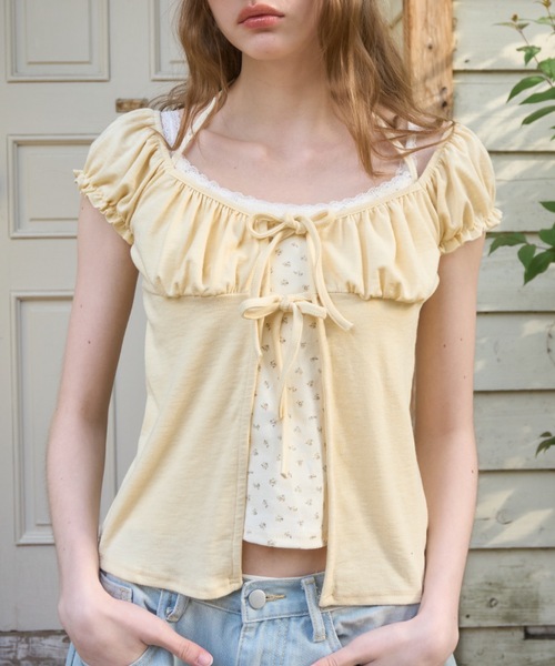 Birthday room(バースデイルーム)の「レイヤードパフスリトップス/Layered puff sleeve top(Tシャツ/カットソー・レディース・イエロー/グレー・FREE)」の3枚目の写真