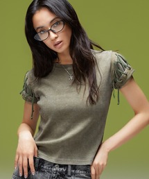 FADED LACED UP SLEEVE S/S COMPACT TOP