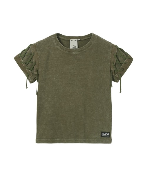 X-girl（エックスガール）の「FADED LACED UP SLEEVE S/S COMPACT TOP（Tシャツ/カットソー・レディース・ブラウン/オリーブ・ONE SIZE）」の10枚目の写真