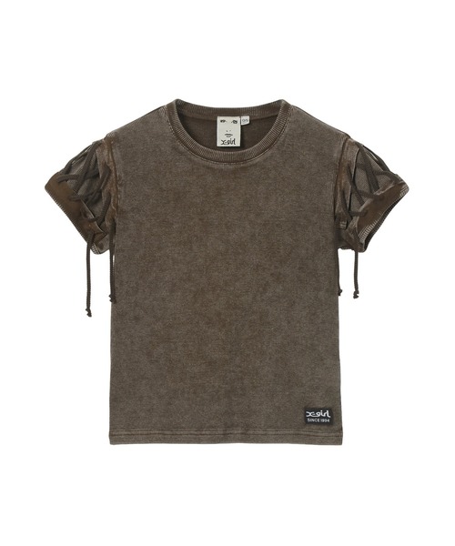 X-girl（エックスガール）の「FADED LACED UP SLEEVE S/S COMPACT TOP（Tシャツ/カットソー・レディース・ブラウン/オリーブ・ONE SIZE）」の11枚目の写真