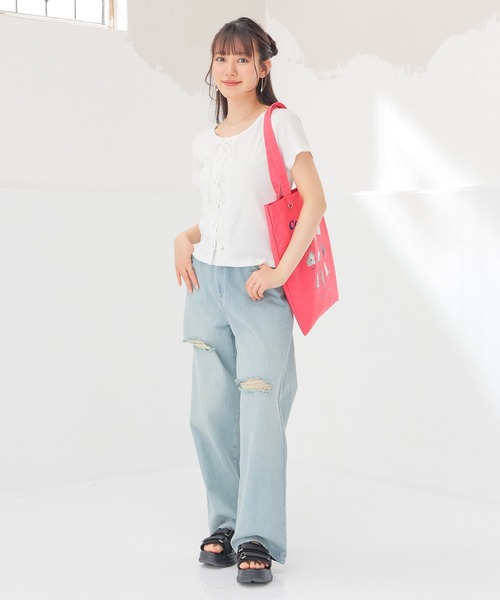 Honeys(ハニーズ)の「【ハニさら・接触冷感・UVカット】レースアップトップス(Tシャツ/カットソー・レディース・レッド/ホワイト/ヘザーチャコール/ブラック・S/M/L)」の22枚目の写真