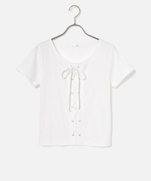 Honeys(ハニーズ)の「【ハニさら・接触冷感・UVカット】レースアップトップス(Tシャツ/カットソー・レディース・レッド/ホワイト/ヘザーチャコール/ブラック・S/M/L)」の7枚目の写真