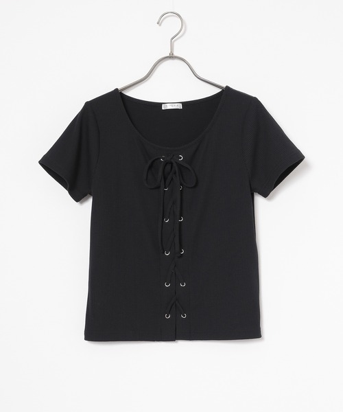 Honeys(ハニーズ)の「【ハニさら・接触冷感・UVカット】レースアップトップス(Tシャツ/カットソー・レディース・レッド/ホワイト/ヘザーチャコール/ブラック・S/M/L)」の9枚目の写真
