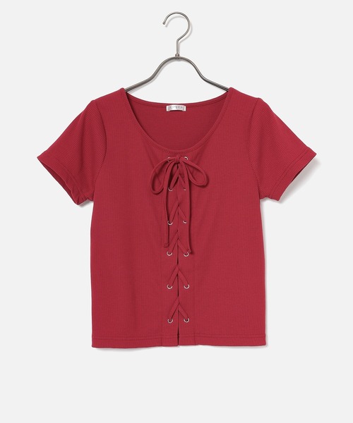 Honeys(ハニーズ)の「【ハニさら・接触冷感・UVカット】レースアップトップス(Tシャツ/カットソー・レディース・レッド/ホワイト/ヘザーチャコール/ブラック・S/M/L)」の11枚目の写真