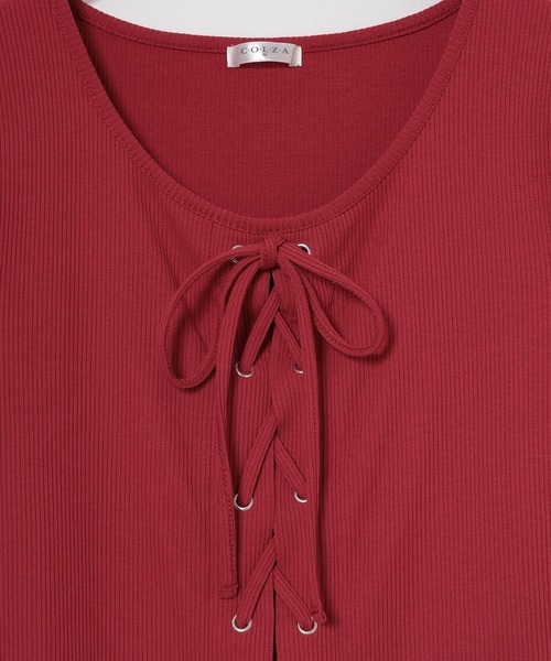 Honeys(ハニーズ)の「【ハニさら・接触冷感・UVカット】レースアップトップス(Tシャツ/カットソー・レディース・レッド/ホワイト/ヘザーチャコール/ブラック・S/M/L)」の12枚目の写真