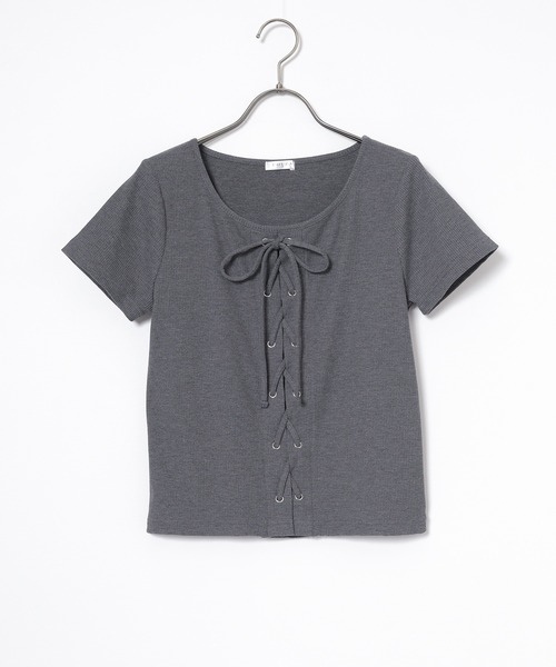 Honeys(ハニーズ)の「【ハニさら・接触冷感・UVカット】レースアップトップス(Tシャツ/カットソー・レディース・レッド/ホワイト/ヘザーチャコール/ブラック・S/M/L)」の14枚目の写真