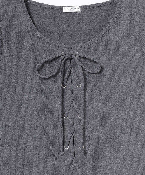 Honeys(ハニーズ)の「【ハニさら・接触冷感・UVカット】レースアップトップス(Tシャツ/カットソー・レディース・レッド/ホワイト/ヘザーチャコール/ブラック・S/M/L)」の15枚目の写真