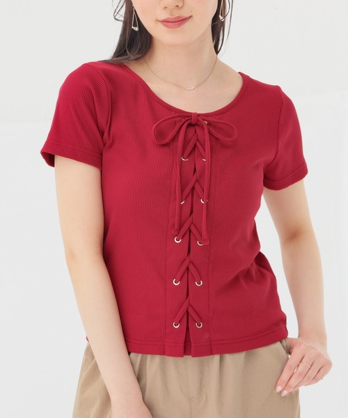 Honeys(ハニーズ)の「【ハニさら・接触冷感・UVカット】レースアップトップス(Tシャツ/カットソー・レディース・レッド/ホワイト/ヘザーチャコール/ブラック・S/M/L)」の16枚目の写真