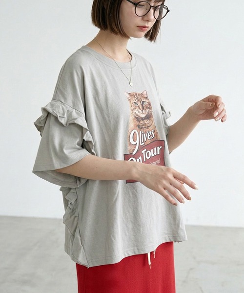 セール】袖フリルキャットプリントビッグTシャツ（Tシャツ/カットソー