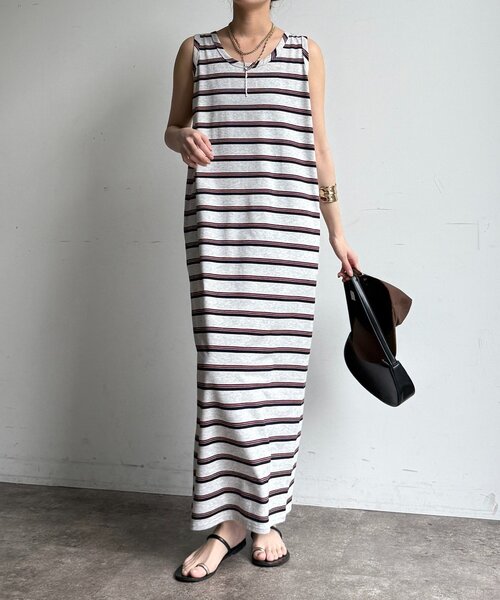 DouDou（ドゥドゥ）の「マルチボーダータンクワンピース（ワンピース・レディース・カーキ/グレー・FREE）」の3枚目の写真