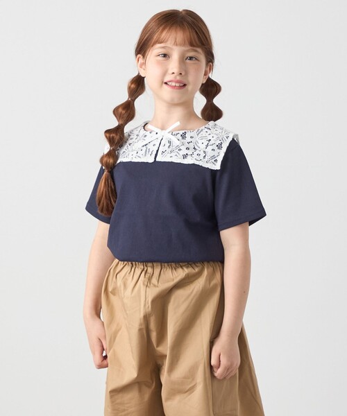 SHIPS any(シップス エニィ)の「SHIPS any: レース カラー リボン 半袖 Tシャツ<KIDS>(Tシャツ/カットソー・キッズ・ホワイト/ネイビー・130/140/150/120)」の1枚目の写真