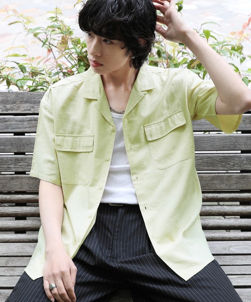 NAKER（ネイカー）の「オープンカラーテックリネン半袖シャツ（シャツ/ブラウス・メンズ・ベージュ/グリーン・S/M/L/XL）」の2枚目の写真