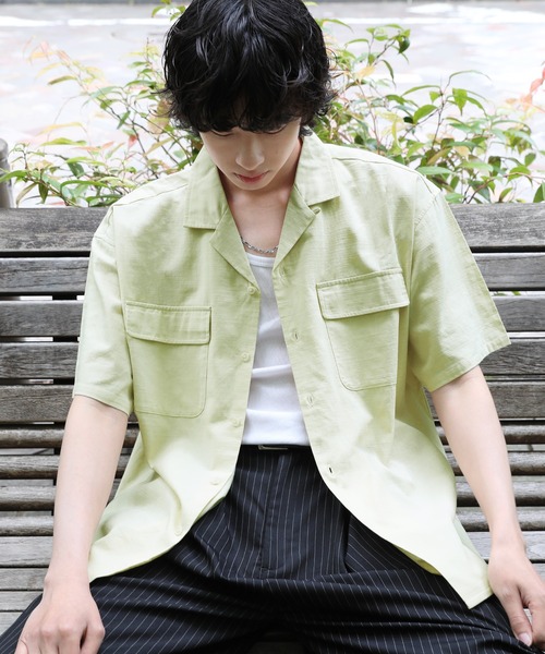 NAKER（ネイカー）の「オープンカラーテックリネン半袖シャツ（シャツ/ブラウス・メンズ・ベージュ/グリーン・S/M/L/XL）」の12枚目の写真