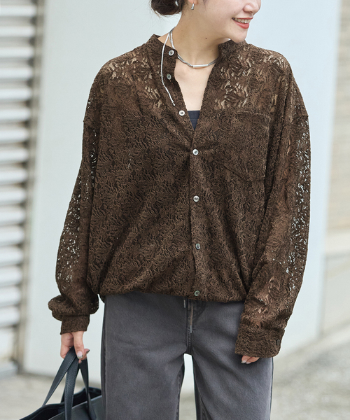 JOURNAL STANDARD(ジャーナルスタンダード)の「《新色あり/WEB限定追加》スタンドカラーレースロングスリーブブラウス(シャツ/ブラウス・レディース・ネイビー/グレー/ブラウン・FREE)」の11枚目の写真