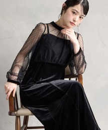 【WEB限定】フロッキードットチュール×ベロアロングスリーブパーティードレス 結婚式 お呼ばれ ドレス 20代 30代 40代