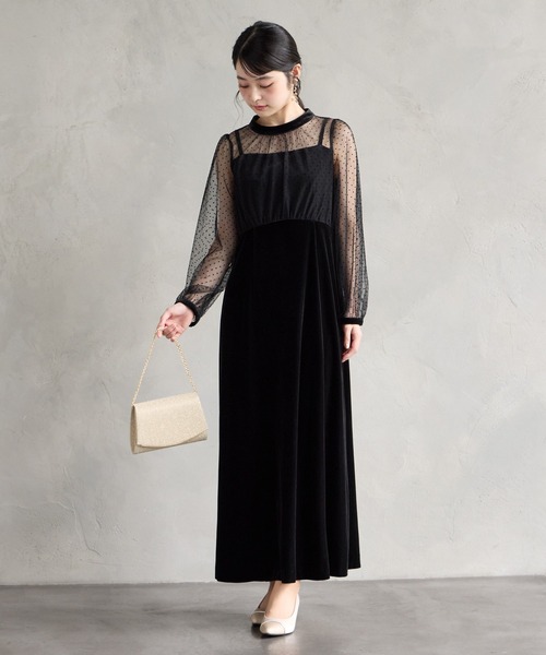 AIMER(エメ)の「【WEB限定】フロッキードットチュール×ベロアロングスリーブパーティードレス 結婚式 お呼ばれ ドレス 20代 30代 40代(ドレス・レディース・ブラウン/グレー/ブラック・SMALL/MEDIUM/LARGE)」の4枚目の写真
