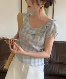 チェック柄フリルショートスリーブブラウス