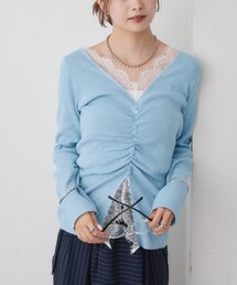 【さりげないラメがポイント】レースドッキングVニット
