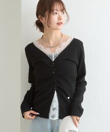 【さりげないラメがポイント】レースドッキングVニット