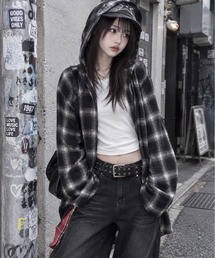 オーバーサイズチェックシャツ/フード付き/ストリート女子