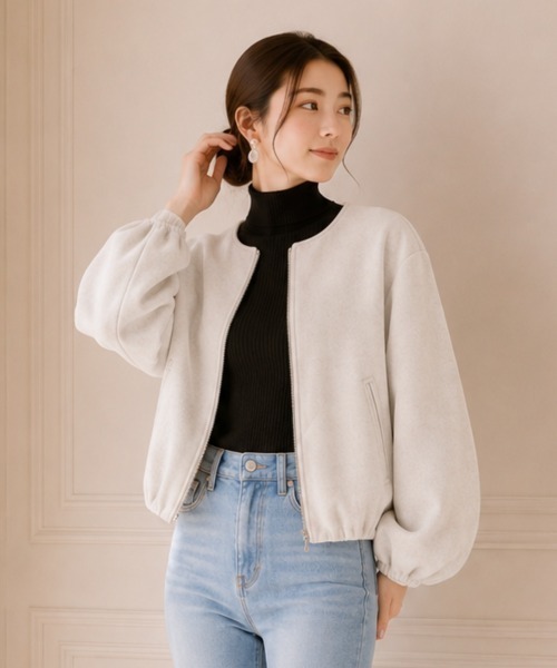 center i(センターアイ)の「ノーカラー ジップアップ ショート(ノーカラージャケット・レディース・ブラック/オフホワイト・FREE)」の1枚目の写真