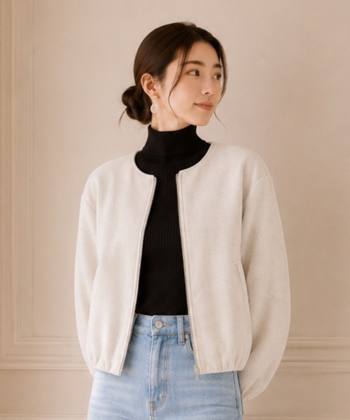center i(センターアイ)の「ノーカラー ジップアップ ショート(ノーカラージャケット・レディース・ブラック/オフホワイト・FREE)」の6枚目の写真