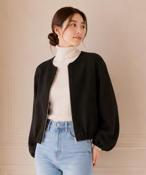 center i(センターアイ)の「ノーカラー ジップアップ ショート(ノーカラージャケット・レディース・ブラック/オフホワイト・FREE)」の10枚目の写真
