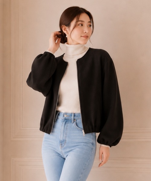 center i(センターアイ)の「ノーカラー ジップアップ ショート(ノーカラージャケット・レディース・ブラック/オフホワイト・FREE)」の3枚目の写真