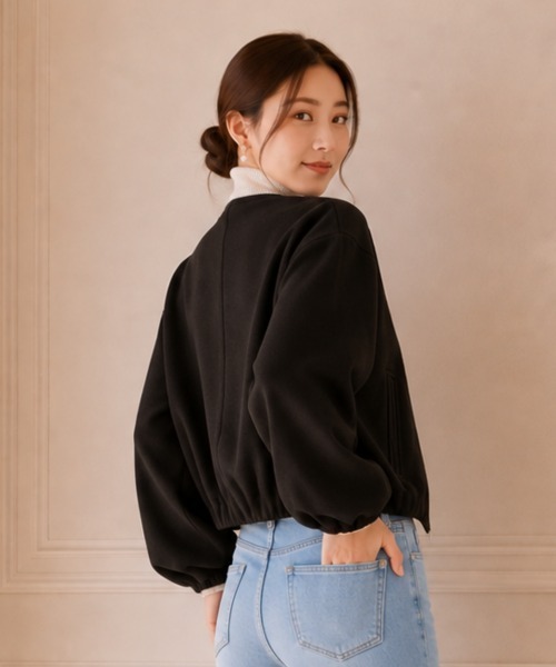 center i(センターアイ)の「ノーカラー ジップアップ ショート(ノーカラージャケット・レディース・ブラック/オフホワイト・FREE)」の4枚目の写真