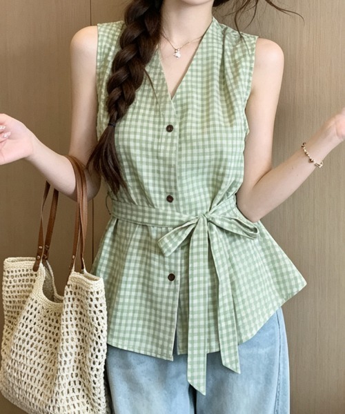 FLINEA(フリネア)の「Vネックチェック柄ノースリーブブラウス(シャツ/ブラウス・レディース・ブラック/レッド/イエロー/グリーン・FREE)」の9枚目の写真