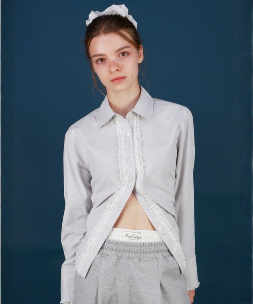 mieya mieya(ミーヤミーヤ)の「【mieya mieya】LACE TRIM SHIRTBLOUSE/レーストリムシャツブラウス(シャツ/ブラウス・レディース・ストライプ/ホワイト・FREE)」の8枚目の写真