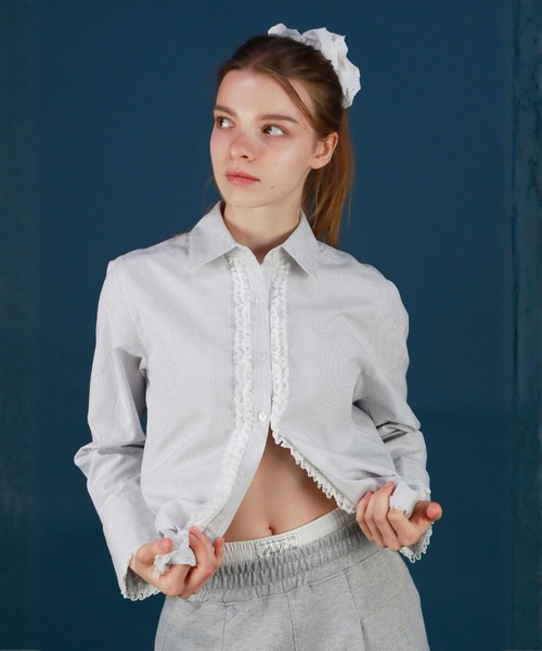 mieya mieya(ミーヤミーヤ)の「【mieya mieya】LACE TRIM SHIRTBLOUSE/レーストリムシャツブラウス(シャツ/ブラウス・レディース・ストライプ/ホワイト・FREE)」の11枚目の写真