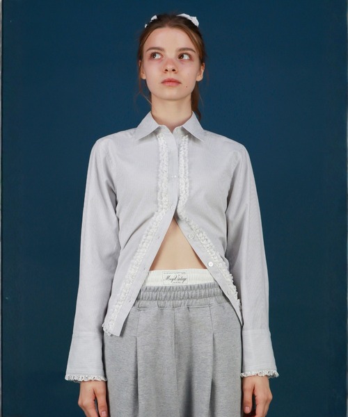 mieya mieya(ミーヤミーヤ)の「【mieya mieya】LACE TRIM SHIRTBLOUSE/レーストリムシャツブラウス(シャツ/ブラウス・レディース・ストライプ/ホワイト・FREE)」の13枚目の写真