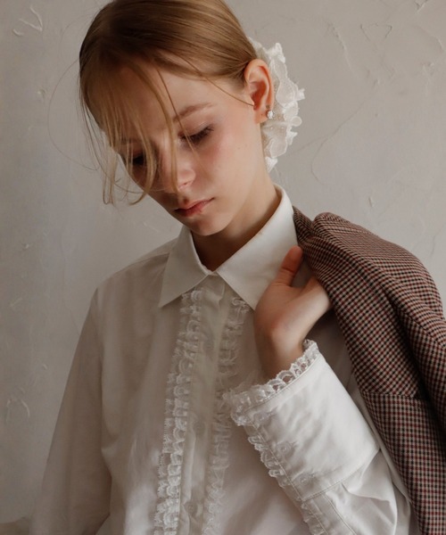 mieya mieya(ミーヤミーヤ)の「【mieya mieya】LACE TRIM SHIRTBLOUSE/レーストリムシャツブラウス(シャツ/ブラウス・レディース・ストライプ/ホワイト・FREE)」の19枚目の写真