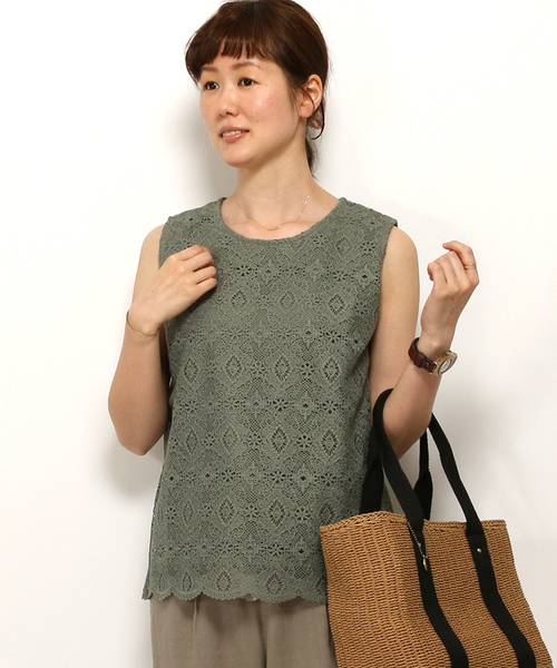 LBC（エルビーシー）の「コットン×レースノースリtee（タンクトップ・レディース・オフホワイト/オリーブ・LARGE/MEDIUM）」の2枚目の写真